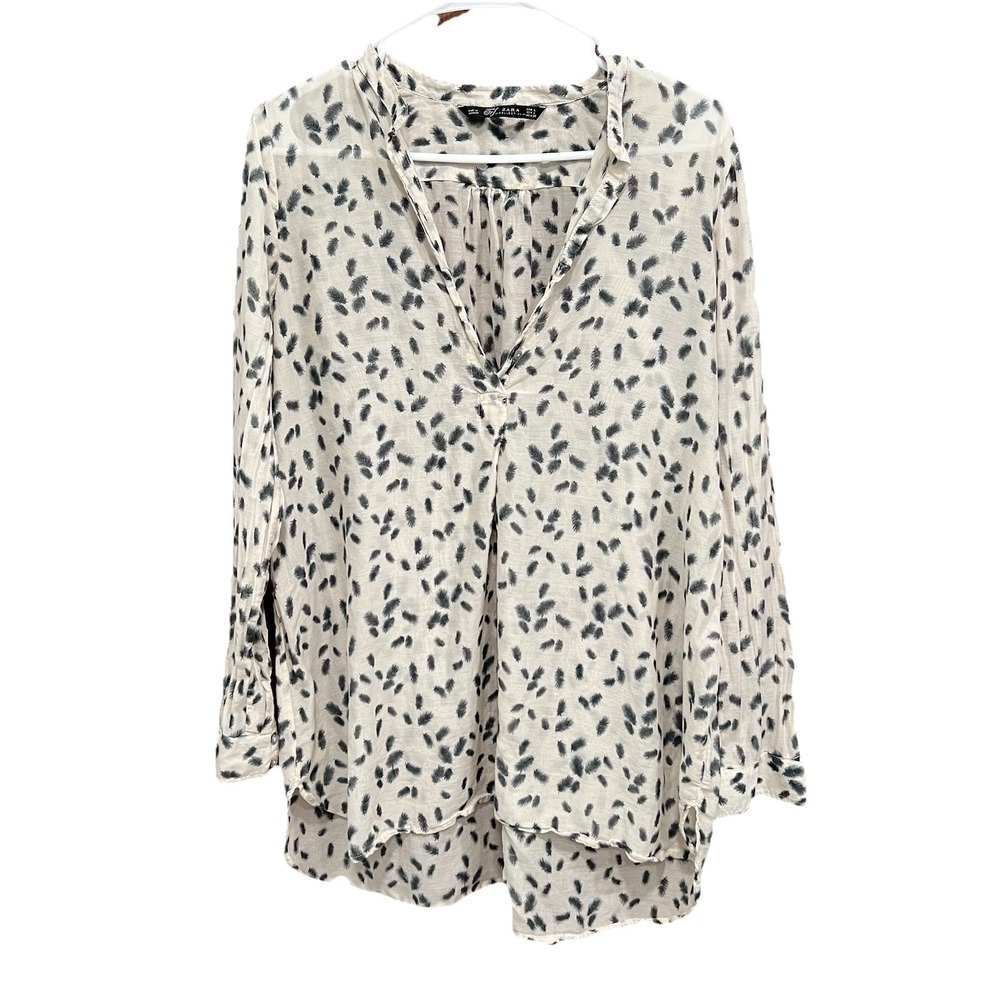 Zara Collection Women's Tunic Top‎ Feather Print Long Sleeve Blouse Size L